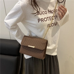 Elegant dark brown crossbody bag with woven texture pattern and gold chain strap