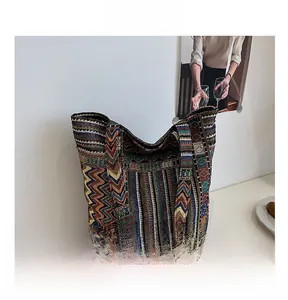 Macro view of geometric jacquard patterns and texture on this large ethnic tote bag