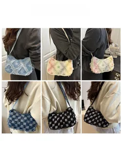 Collage of chic denim crossbody bags with star patterns and checkered prints on models