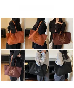 Detailed views of vintage large capacity tote bags in orange, brown, and black