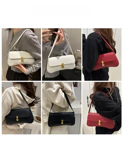 Detailed views of leather baguette bags in white, red and black with gold buckles