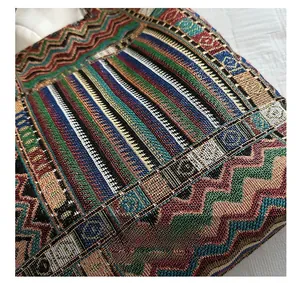 Detail of high-density ethnic woven fabric with colorful geometric patterns and embroidery