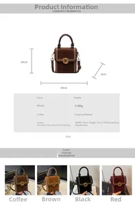 Size chart showing suede mini handbag dimensions 14x16x8cm and vintage hardware details