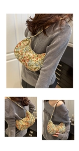 Three-way view of a floral tapestry hobo bag with vintage patterns and metal plaque