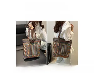 Dual view of a colorful geometric woven tote bag showing handheld and shoulder carry styles