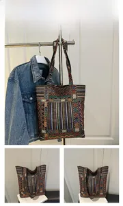 Detail of colorful woven tote bag with geometric patterns and shoulder straps