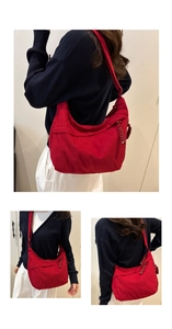 Three-way view of large red corduroy hobo bag worn as shoulder and crossbody bag