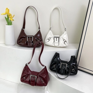 Vintage Women Underarm Shoulder Bag Glossy PU Leather Wrinkled Motorcycle Style With Large Metal Buckle