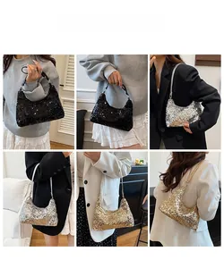 Detail view of sparkly sequin shoulder bags in black silver and gold for party fashion