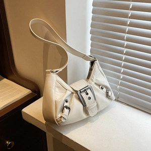 Retro cream white pleated shoulder bag with metal buckles and Y2K aesthetic style