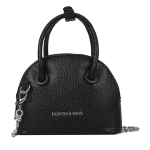 Mini black lychee pattern shell bag with silver chain strap and top handle design