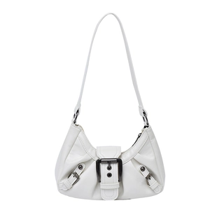 White faux leather crescent shoulder bag with metallic buckle and retro Y2K design