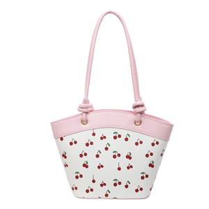 Chic women's white bucket bag with cherry print and pink shoulder strap details
