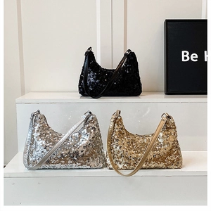 Detailed comparison of sequin hobo bags in black, silver and gold metallic finishes