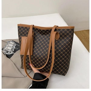 Grand sac cabas en toile marron avec poignées en cuir et mini porte-cartes détachable