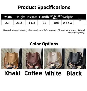 Size chart showing PU leather bucket bag dimensions, colors, and woven shoulder strap details