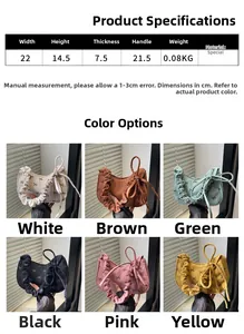 Size chart and dimensions for the bow shoulder bag showing width height and weight specs
