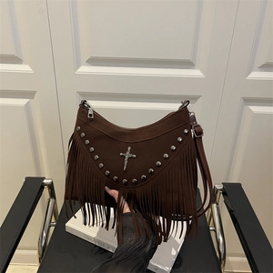 Dark brown hobo bag with silver rivets, gothic cross charm and long fringes