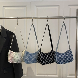 Sac Sous Les Bras En Denim À Bords Effilochés Motif Étoile Damier Sac À Épaule En Toile Mode Rue Rétro Y2K Pour Femmes