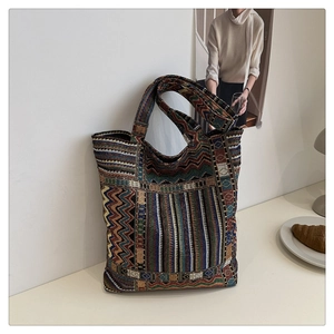 Close-up of geometric woven pattern on large tote bag with multi-color textile texture