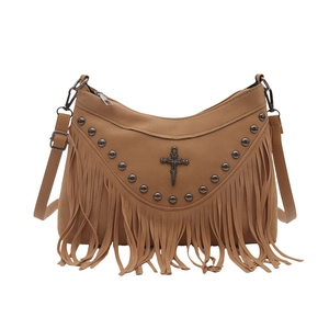 Bohemian brown tassel shoulder bag with retro metal studs and cross pendant detail