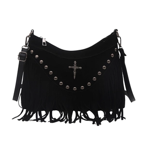 Black suede crossbody bag with fringe, silver studs and gothic cross detail in punk style