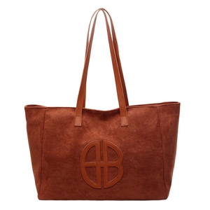 Minimalist brown suede tote bag with large capacity and round embossed B logo
