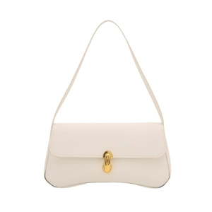 Chic beige lychee textured leather shoulder bag with elegant gold metal twist lock closure