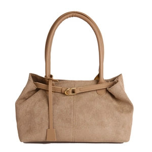 Vintage earth tone faux suede tote bag with leather straps and gold buckle detail