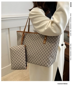Classic brown tote bag set with geometric monogram pattern and leather straps