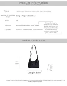 Detailed size chart for minimalist PU leather square bag showing dimensions 29x11x22cm