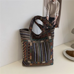 Ethnic knit tote bag with colorful wave patterns and large capacity for daily use