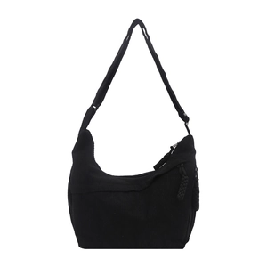 Japanese style black corduroy crescent crossbody bag with adjustable wide shoulder strap