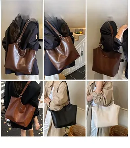 Collage of model carrying various colors of large leather tote bags in daily scenes