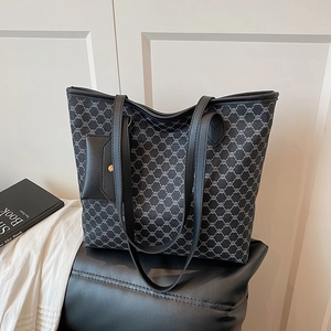 Sac fourre-tout gris à motif géométrique avec lanières en cuir noir et pochette