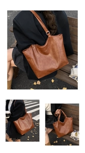 Brown large capacity leather tote bag with letter print shown in urban outdoor settings