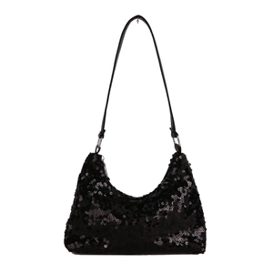 Minimalist black sequined shoulder bag with shimmering circular sequins and silver ring detail
