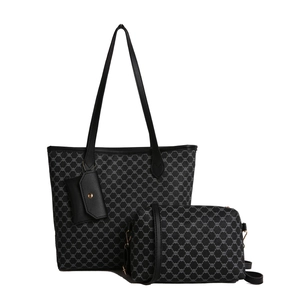 Ensemble 3 pièces de sacs fourre-tout à imprimé géométrique noir et gris avec pochette et sac rond
