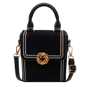 Sac à main rétro en daim noir avec boucle dorée vintage et coutures contrastées