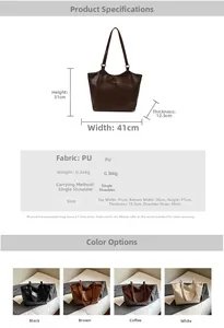 Size guide for large PU leather tote bag detailing dimensions and color options