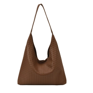 Deep brown woven leather tote bag with large capacity and seamless shoulder handle