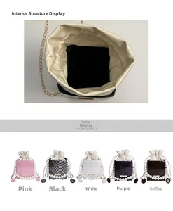Detail view of mini bucket bag showing internal lining and five color options in snakeskin