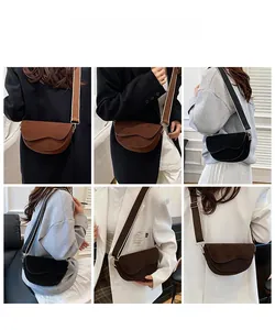 Detailed grid view of stylish saddle bags in brown and black with wide striped straps