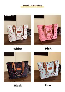 Collage of cherry print tote bags in white, pink, black, and blue with leather straps