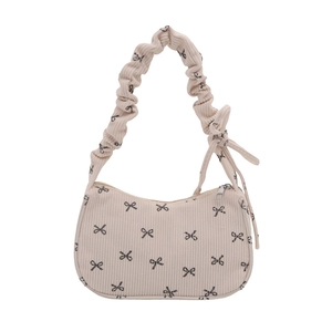 Chic corduroy underarm bag with bow print and pleated strap in light beige tone
