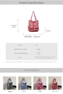 Detailed size guide and color options for the plaid ruffle tote bag with dimensions