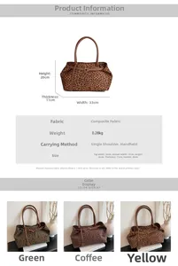 Detailed chart of leopard print tote bag dimensions and available color options