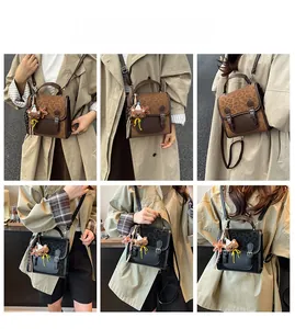Retro leopard print crossbody bag styled on model with cute bear charms in a grid view