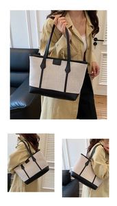 Détail du sac cabas en toile avec garniture en cuir noir pour le trajet quotidien