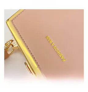 Detailed macro view of pink leather bag with gold frame and embossed Fashion & Bag text